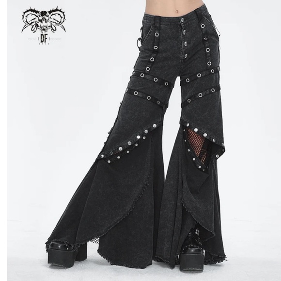 Devil Fashion Designer Punk Black Fishnet Flared Pants - Picture 3 of 7